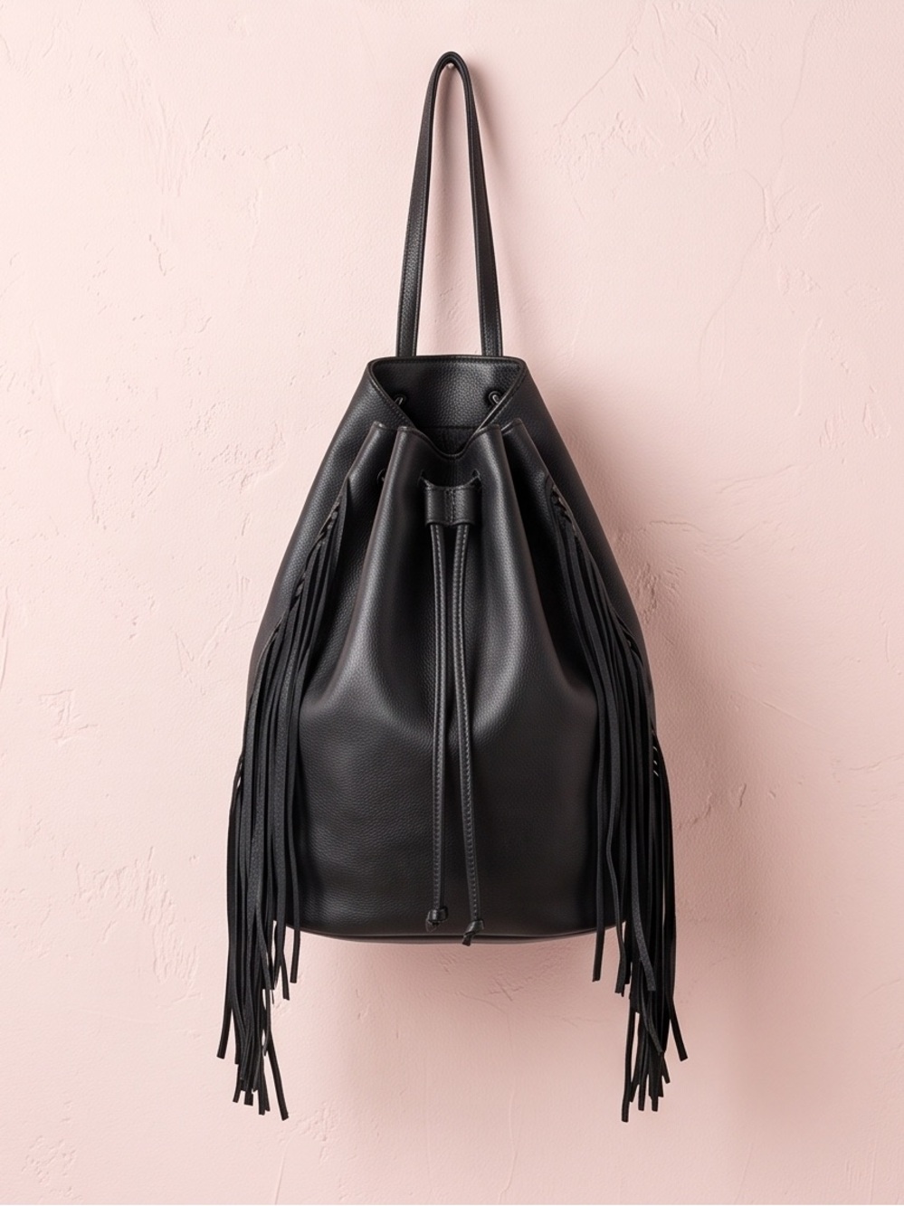 VICTORIA’S SECRET Black boho faux leather Fringe Drawstring Backpack bag - Picture 4 of 9